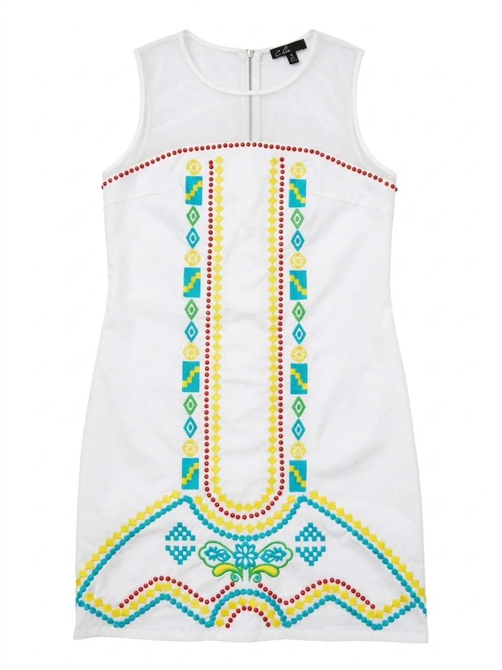 C. Luce Boho Embroidered Beaded Shift Dress White Mesh Yoke Medium